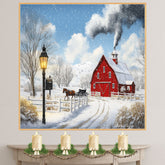 Winter Country Charm – White House and Red Barn Wall Art on Ready to Hang 1.5" Thick Canvas Wrap, Floating Framed Canvas, Flat Rolled Canvas